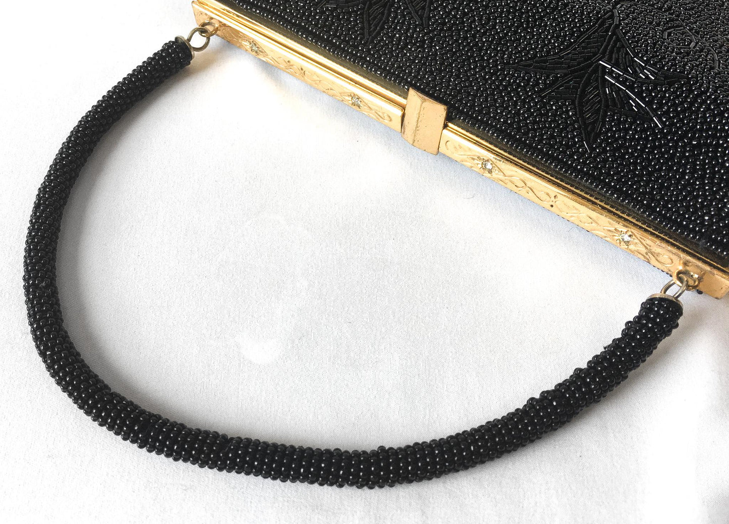 70s Black Floral Beaded Evening Bag Clutch, Vintage Cocktail Formal Handbag