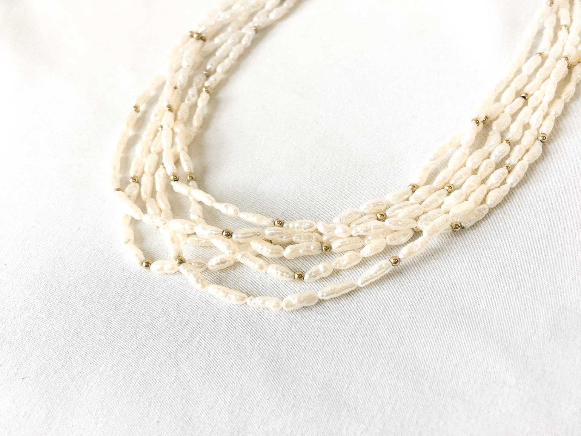 Vintage 14K Freshwater Rice Pearl 6 Strand Pearl Necklace, Roughly 16", Roughly .5" Width, Regal Elegant Beach Style Unique Pearls