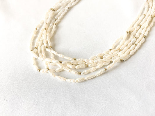 Vintage 14K Freshwater Rice Pearl 6 Strand Pearl Necklace, Roughly 16", Roughly .5" Width, Regal Elegant Beach Style Unique Pearls