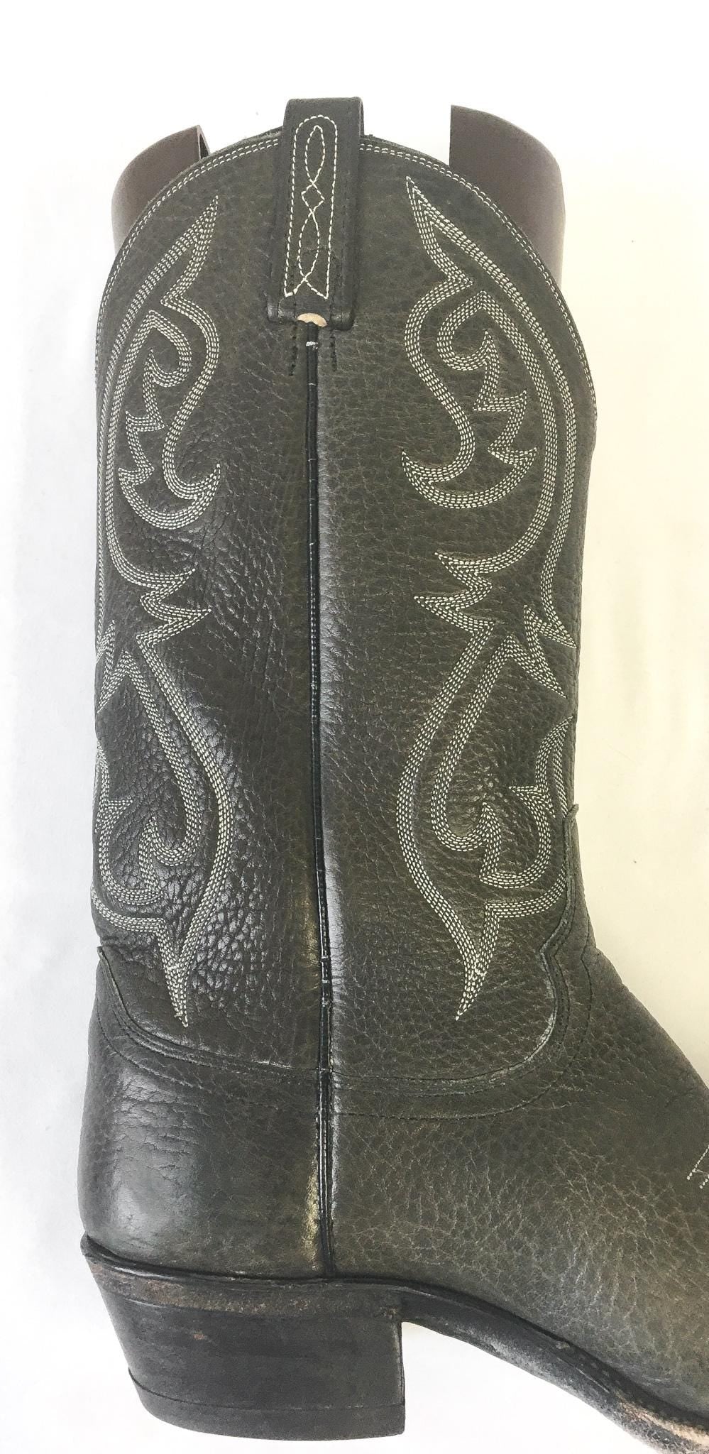 Vintage Dan Post Dark Gray/Olive Green Leather Embroidered Cowboy Boots, Style #06926, Men's Sz. 10.5D, Vintage Western Boots