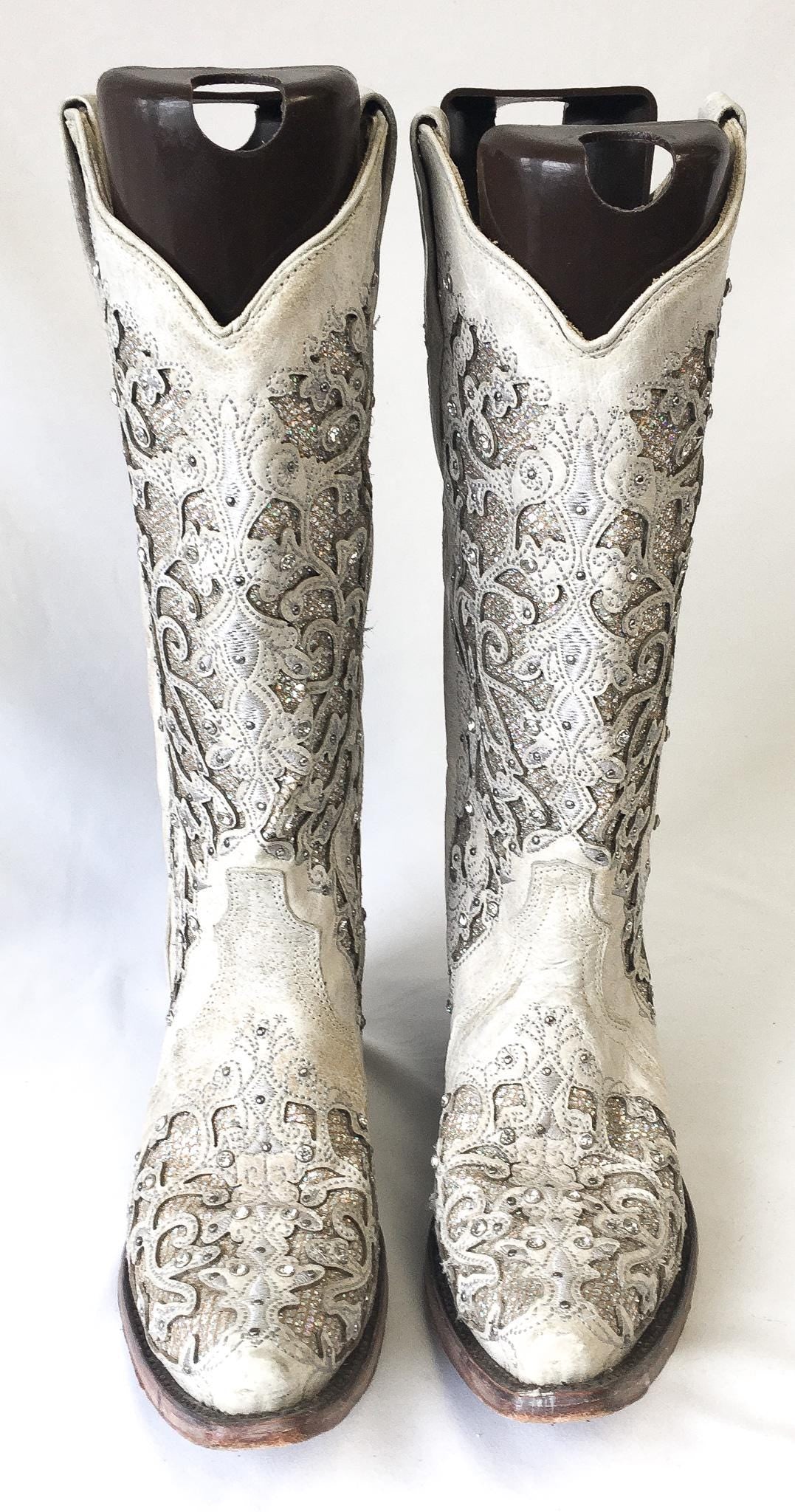 Vintage Inspired Corral Off-White Glitter Inlay Rhinestone Cowboy Boots, Style A3322, Women's Sz. 9M, Unique Statement Festival Western Boot
