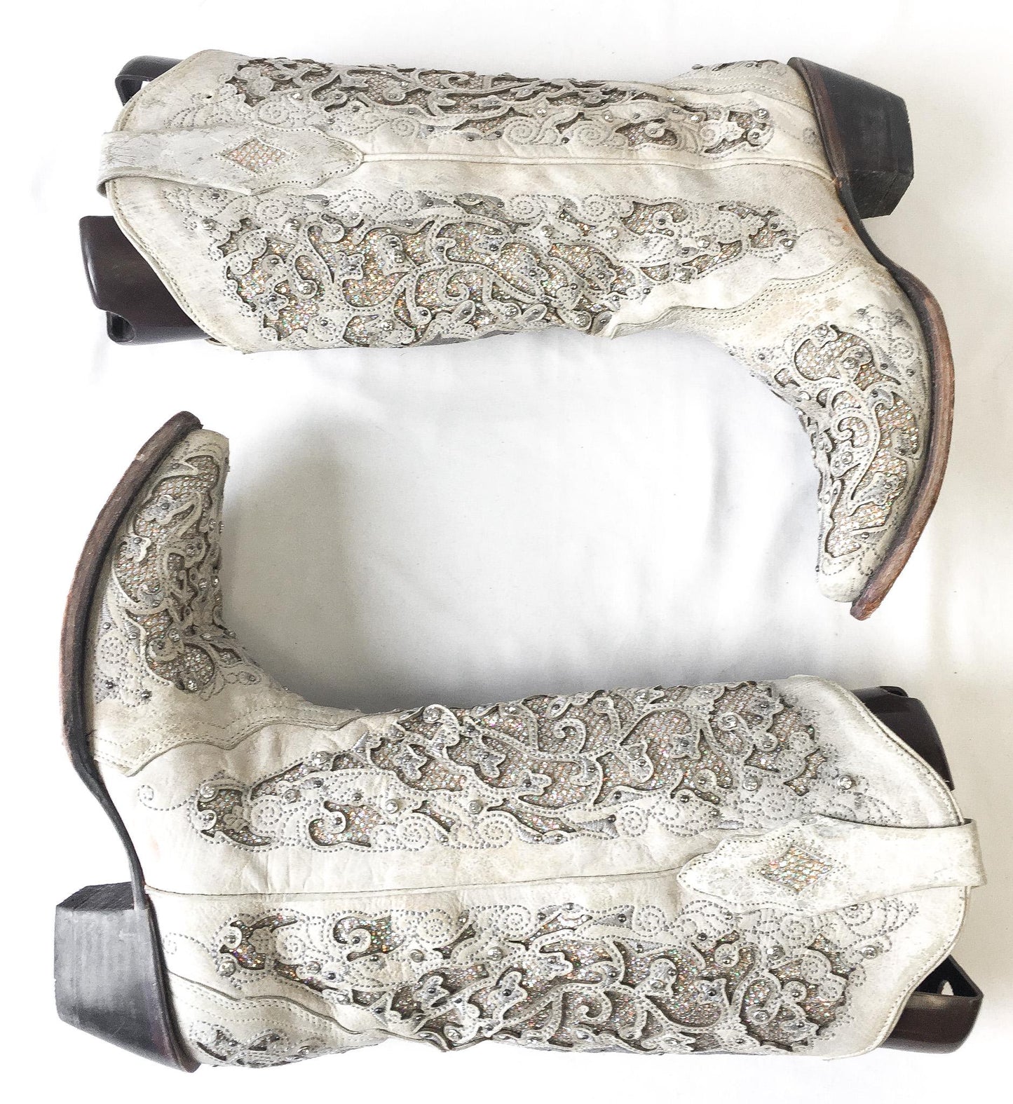 Vintage Inspired Corral Off-White Glitter Inlay Rhinestone Cowboy Boots, Style A3322, Women's Sz. 9M, Unique Statement Festival Western Boot