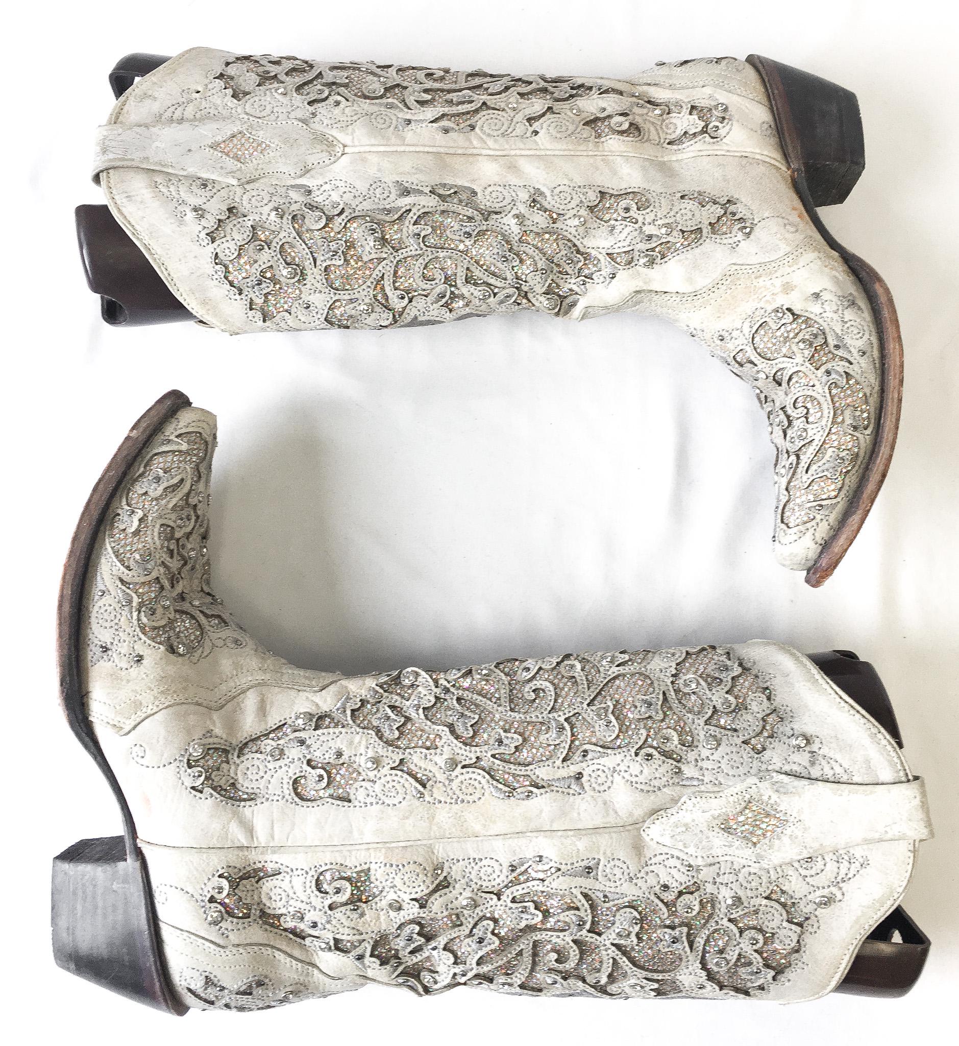 Vintage Inspired Corral Off-White Glitter Inlay Rhinestone Cowboy Boots, Style A3322, Women's Sz. 9M, Unique Statement Festival Western Boot