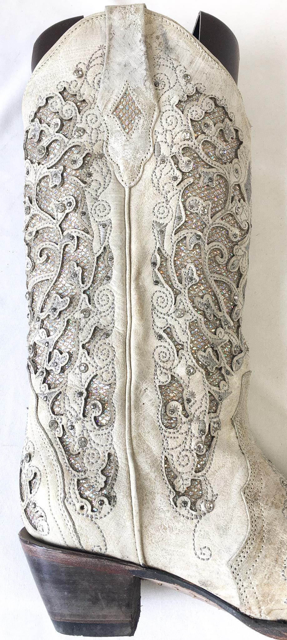 Vintage Inspired Corral Off-White Glitter Inlay Rhinestone Cowboy Boots, Style A3322, Women's Sz. 9M, Unique Statement Festival Western Boot