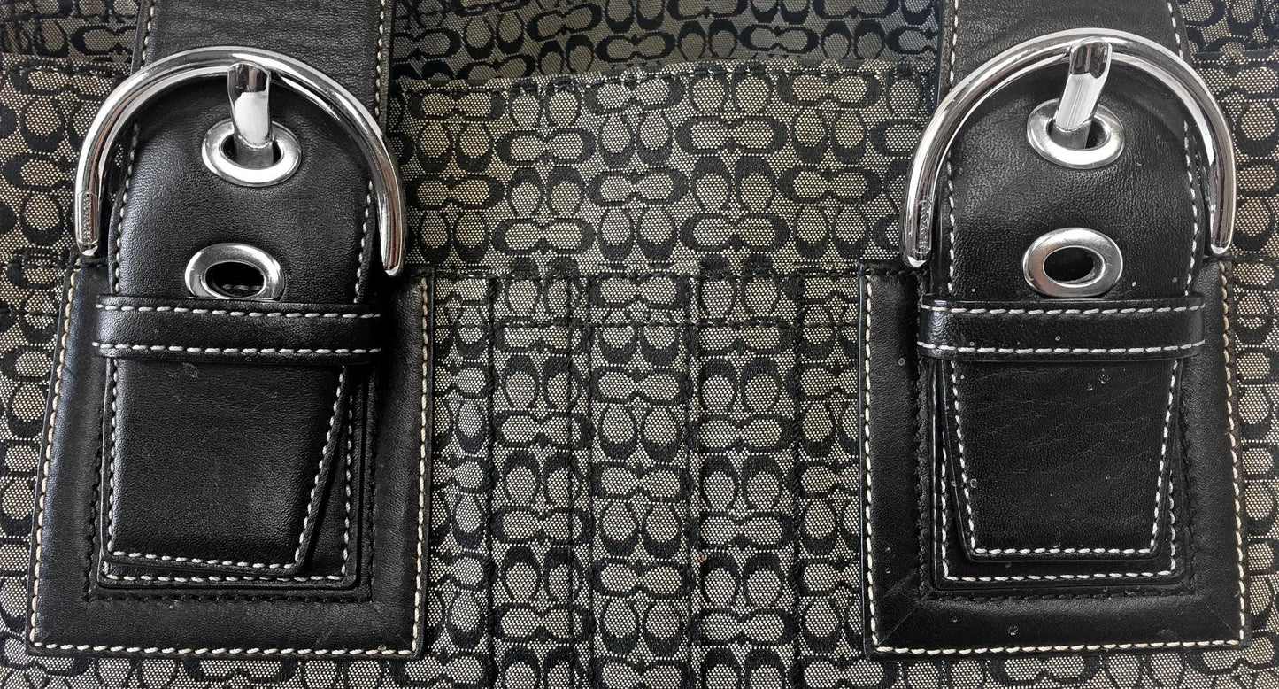 Y2K Coach Black/Gray Signature C Monogram Canvas Leather Shoulder Tote Bag, Style #F10928, 00s Vintage Coach Tote