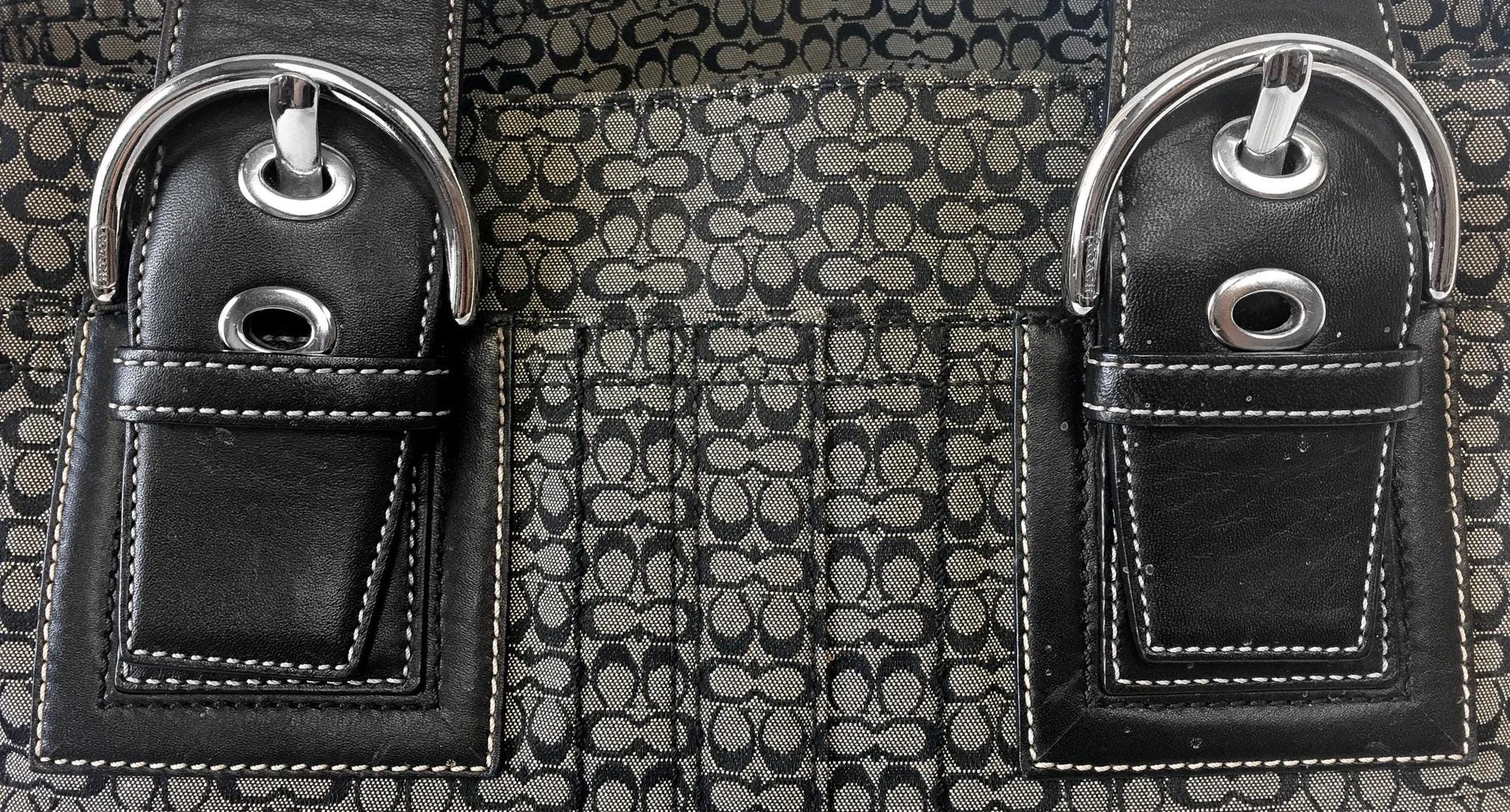 Y2K Coach Black/Gray Signature C Monogram Canvas Leather Shoulder Tote Bag, Style #F10928, 00s Vintage Coach Tote