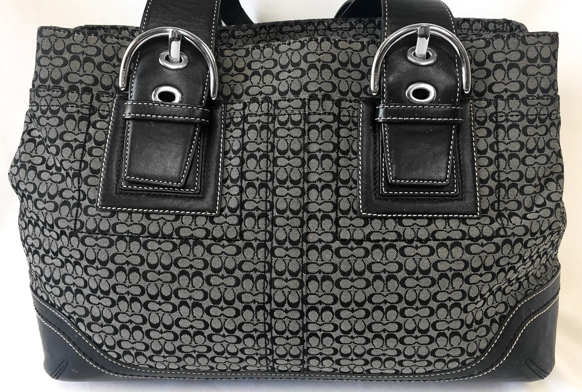 Y2K Coach Black/Gray Signature C Monogram Canvas Leather Shoulder Tote Bag, Style #F10928, 00s Vintage Coach Tote
