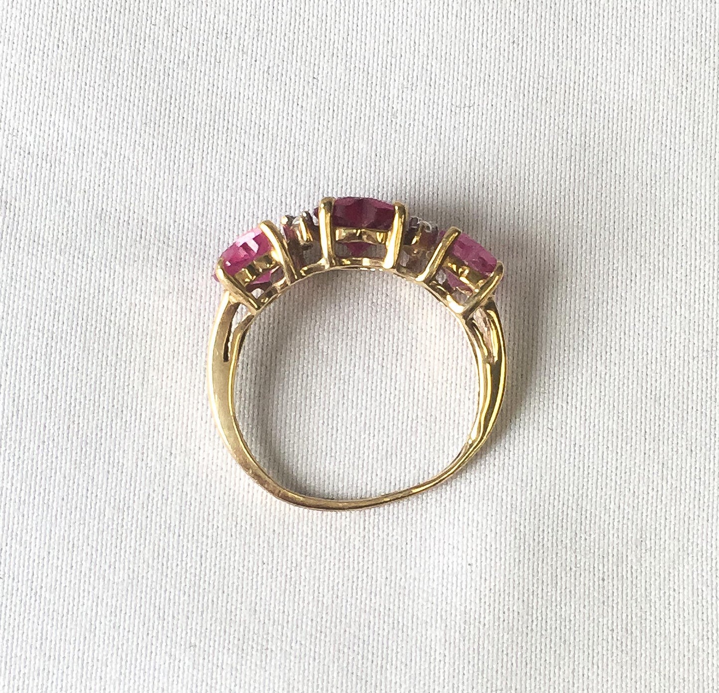10K Ruby, Pink & White Topaz Three Heart Ring, Sz. 4.5, Regal Elegant Statement Princess Style Ring
