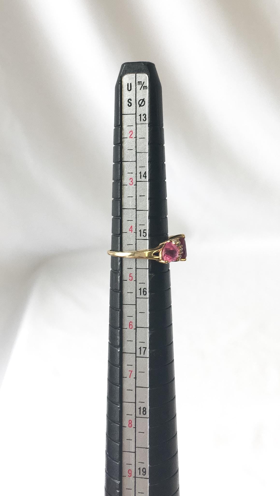 10K Ruby, Pink & White Topaz Three Heart Ring, Sz. 4.5, Regal Elegant Statement Princess Style Ring