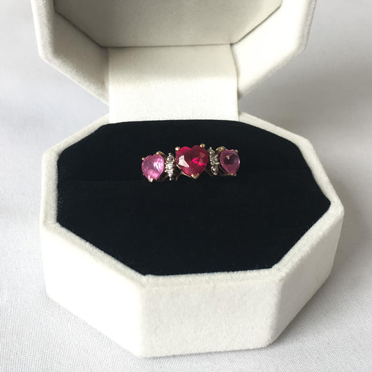 10K Ruby, Pink & White Topaz Three Heart Ring, Sz. 4.5, Regal Elegant Statement Princess Style Ring