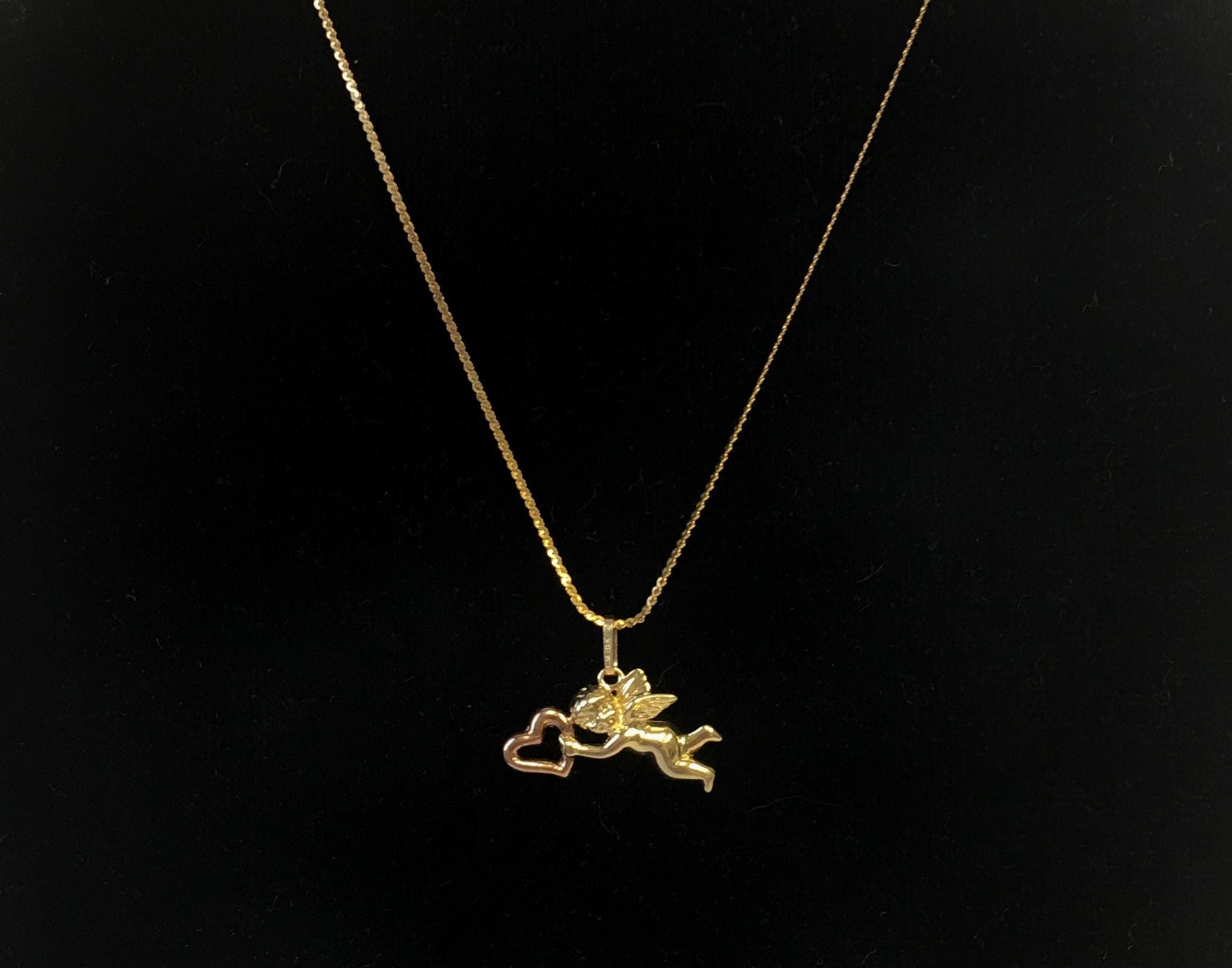Vintage 10K Yellow and Rose Gold Cupid Cherub Heart Pendant, .75 Inches