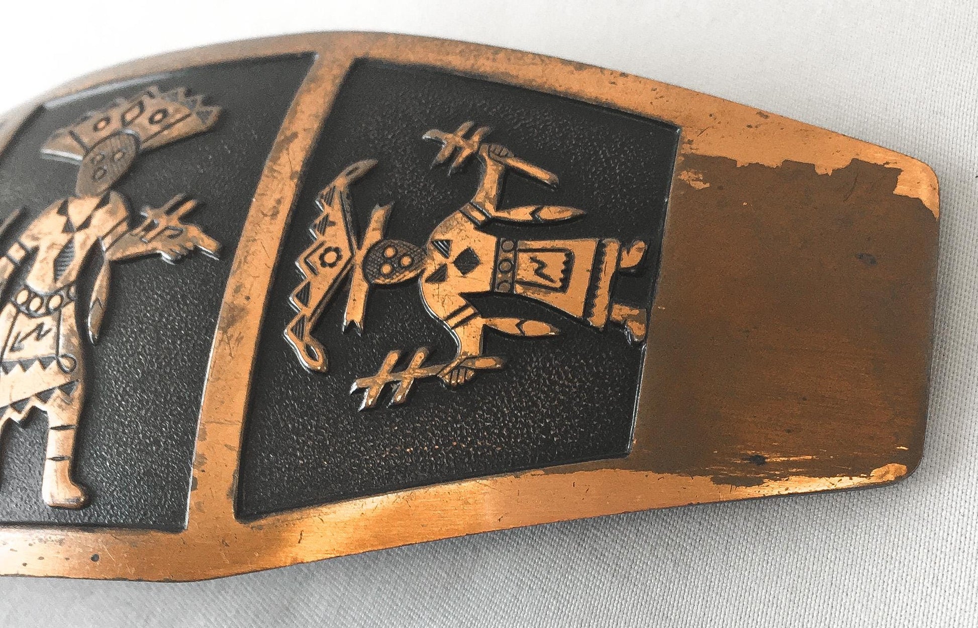 Vintage 70s Copper Aztec Southwestern Indian Belt Buckle, 5.5" x 2", Unique Statement Western Native Belt
