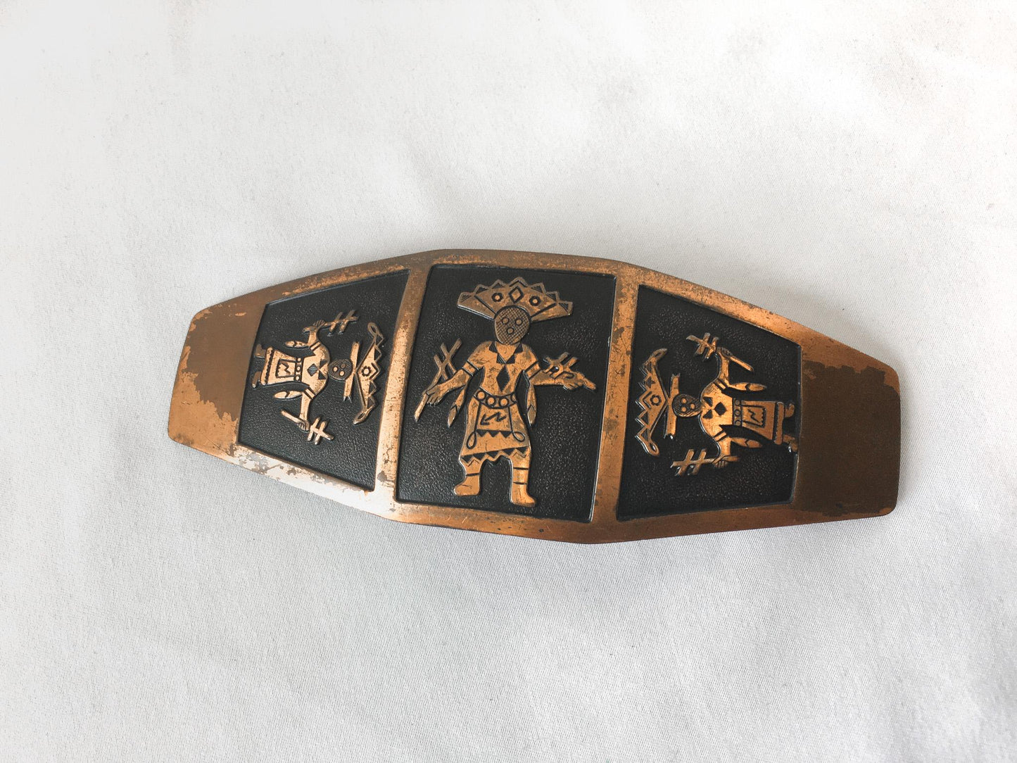 Vintage 70s Copper Aztec Southwestern Indian Belt Buckle, 5.5" x 2", Unique Statement Western Native Belt