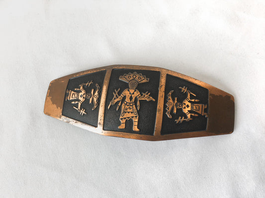 Vintage 70s Copper Aztec Southwestern Indian Belt Buckle, 5.5" x 2", Unique Statement Western Native Belt