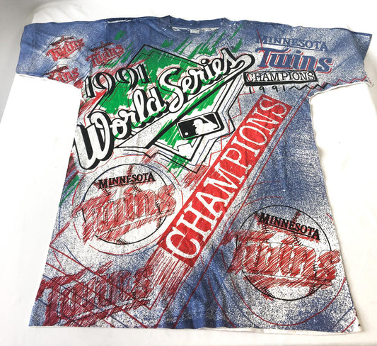 1991 Minnesota Twins World Series Champions All-Over Print Graphic T-Shirt, Mens Sz. XL Vintage MLB Minnesota Twins Streetwear Style Apparel