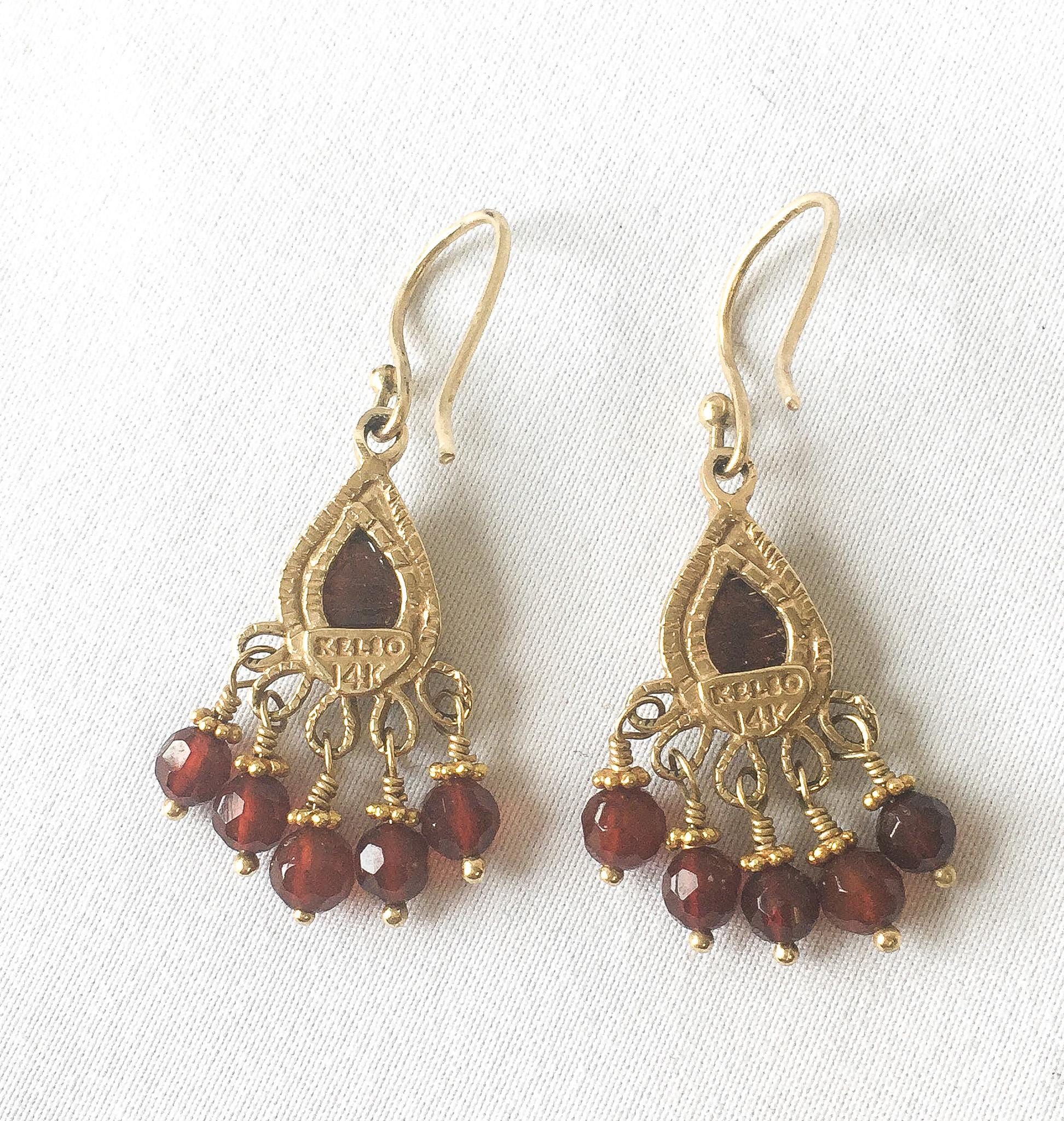 14K Becky Kelso Jade Red Beaded Chandelier Dangle Earrings, Vintage Boho Earrings