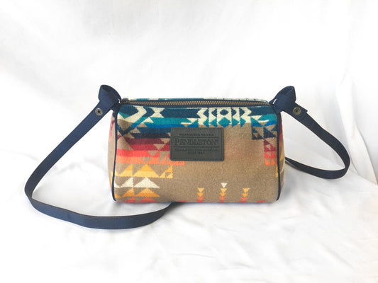 Vintage Inspired Pendleton Navy/Beige/Rainbow Southwest Aztec Pattern Wool Crossbody Bag, Vintage Western Handbag