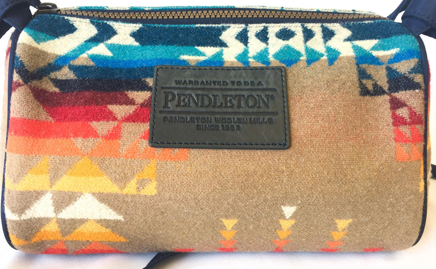 Vintage Inspired Pendleton Navy/Beige/Rainbow Southwest Aztec Pattern Wool Crossbody Bag, Vintage Western Handbag