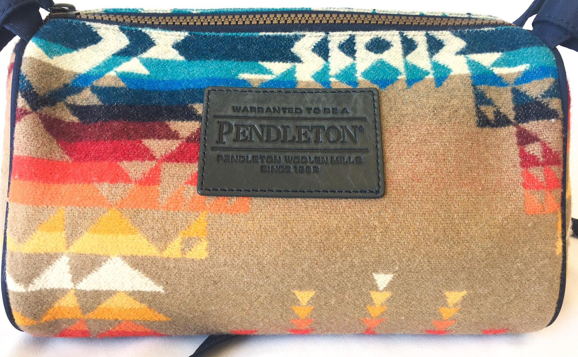 Vintage Inspired Pendleton Navy/Beige/Rainbow Southwest Aztec Pattern Wool Crossbody Bag, Vintage Western Handbag