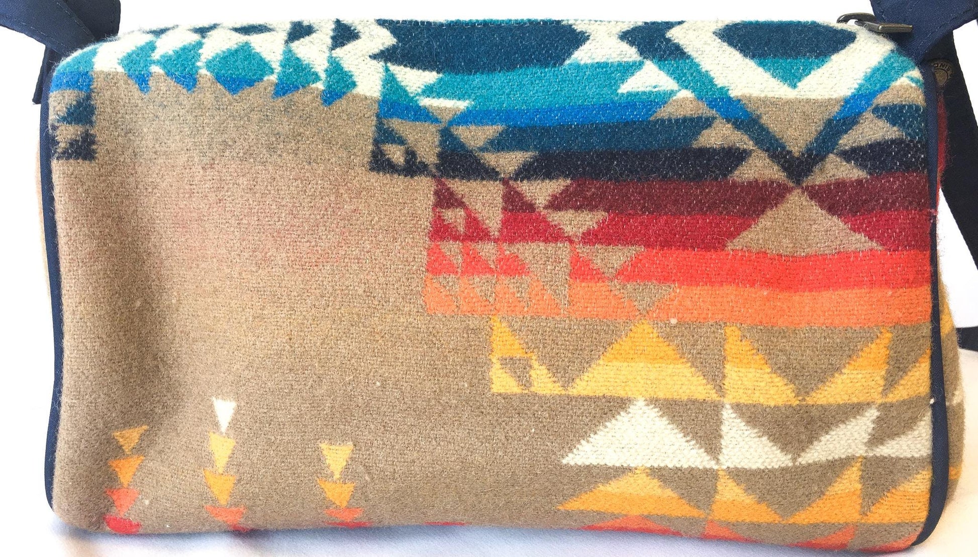 Vintage Inspired Pendleton Navy/Beige/Rainbow Southwest Aztec Pattern Wool Crossbody Bag, Vintage Western Handbag