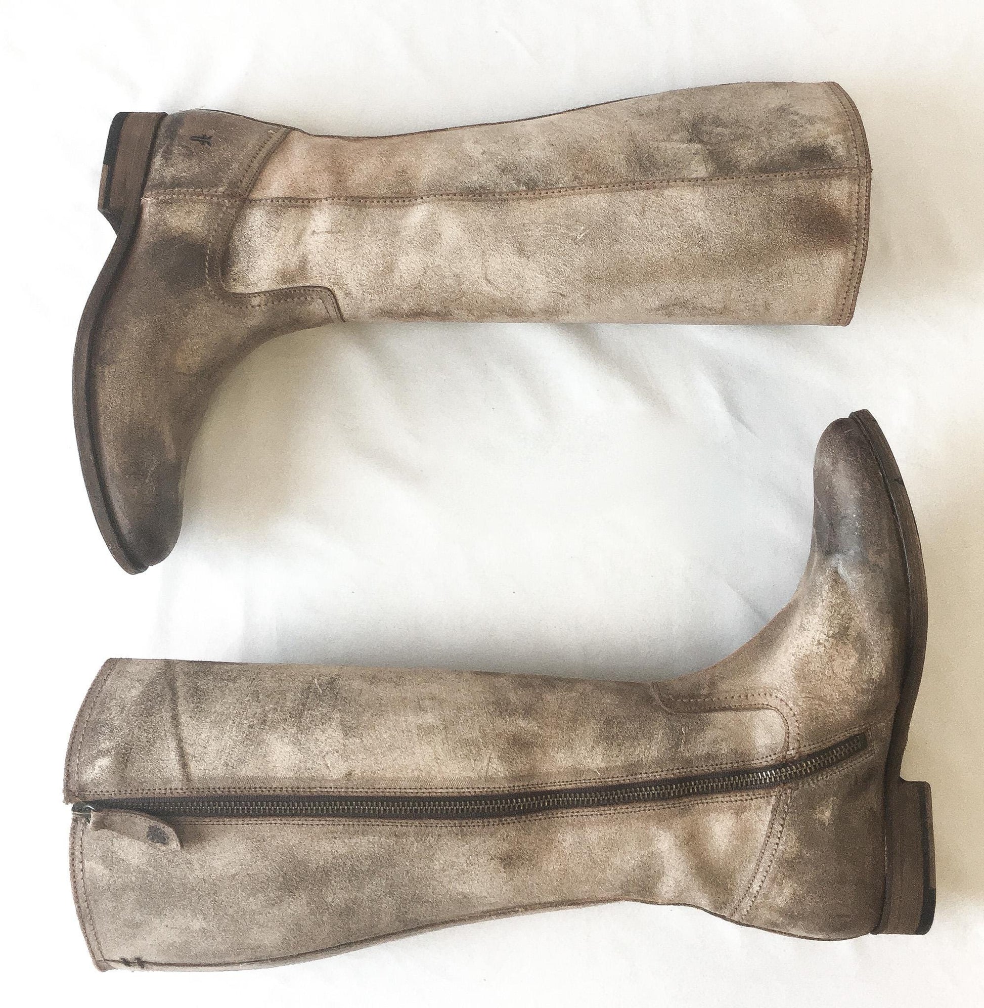 Vintage Frye Beige Distressed Knee High Zip Up Leather Boots, Women's Sz. 8B, Style 4001, Vintage Western Boots
