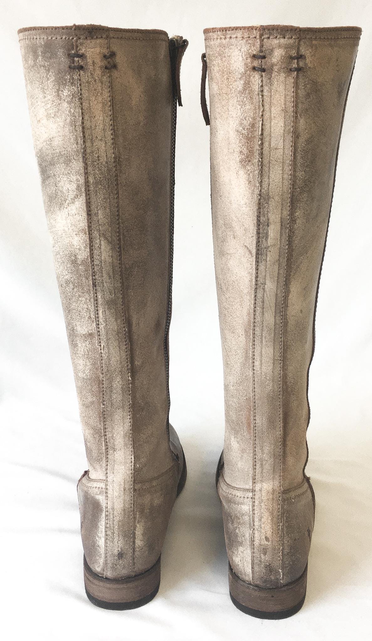 Vintage Frye Beige Distressed Knee High Zip Up Leather Boots, Women's Sz. 8B, Style 4001, Vintage Western Boots