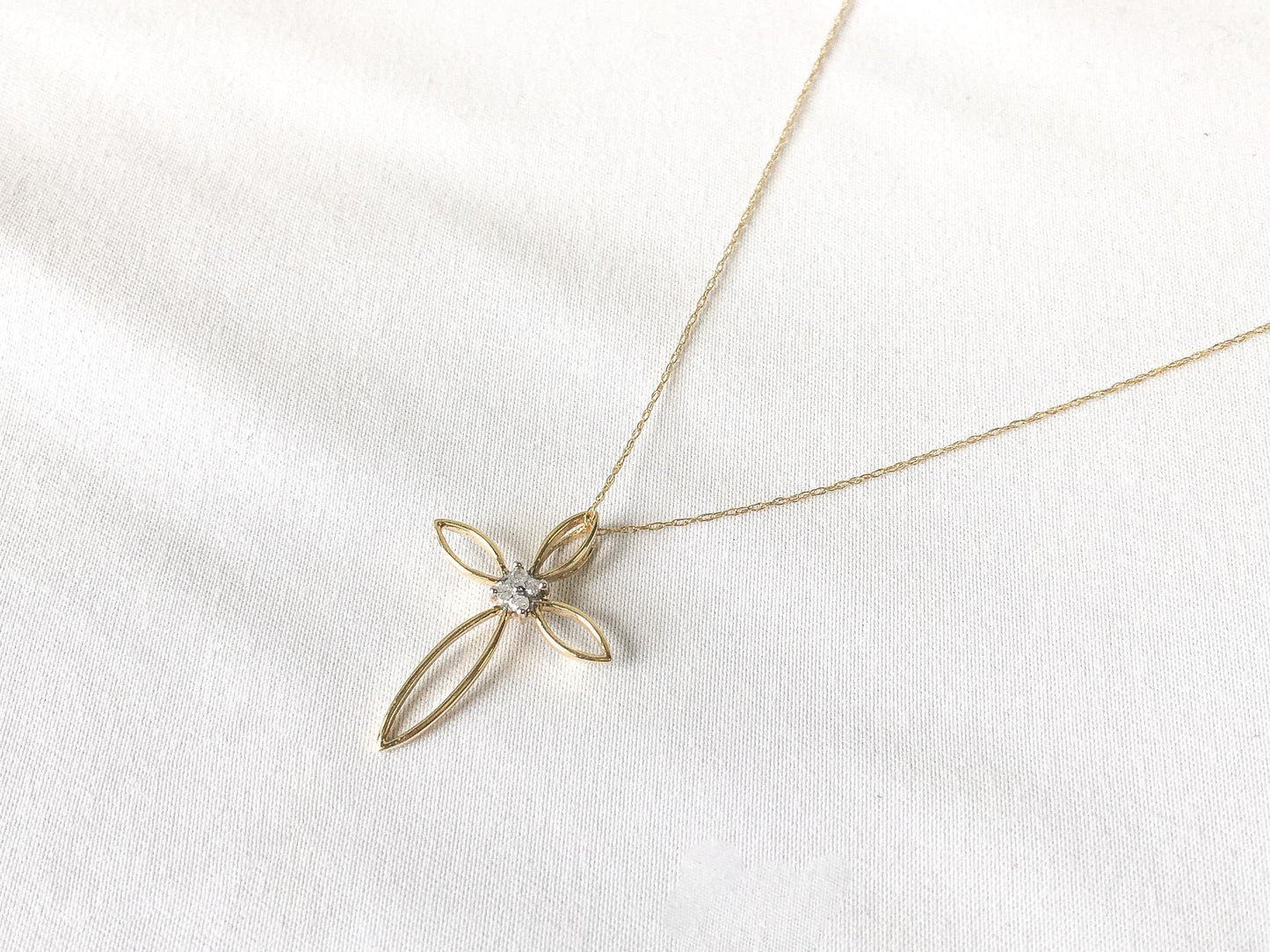 10K Yellow Gold Diamond Open Line Cross Necklace, 18", Dainty Simple Everyday Layering Cross Necklace