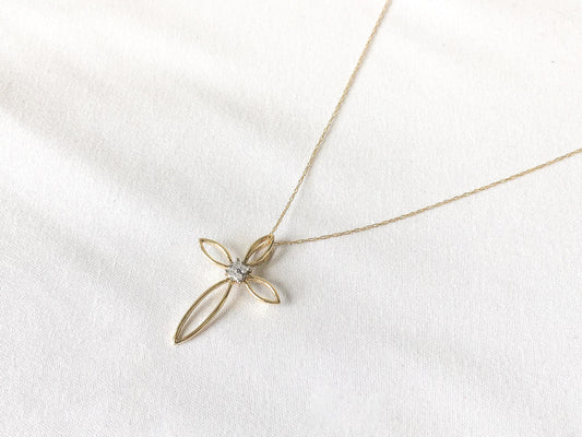 10K Yellow Gold Diamond Open Line Cross Necklace, 18", Dainty Simple Everyday Layering Cross Necklace