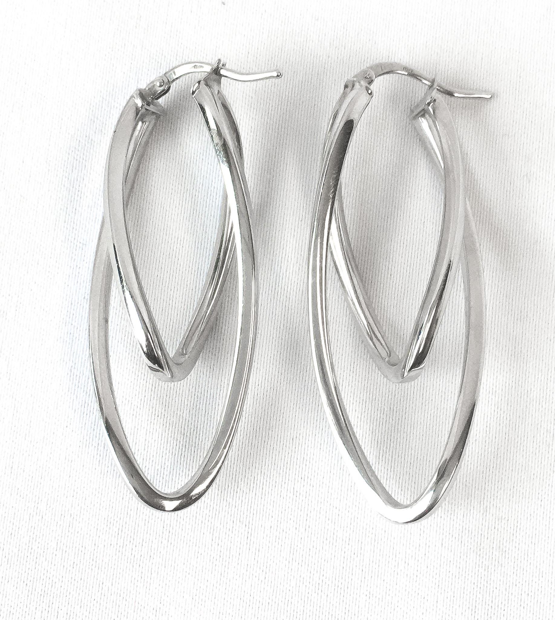 14K Italy White Gold Oblong Double Twisted Hoop Earrings, 2", 3.6 Grams, Unique White Gold Silver Hoops