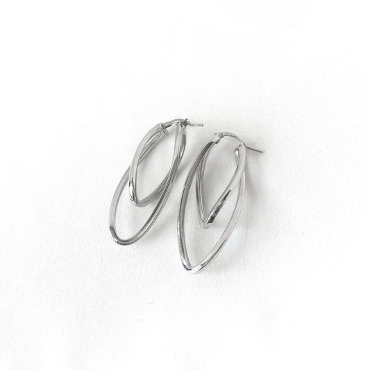 14K Italy White Gold Oblong Double Twisted Hoop Earrings, 2", 3.6 Grams, Unique White Gold Silver Hoops