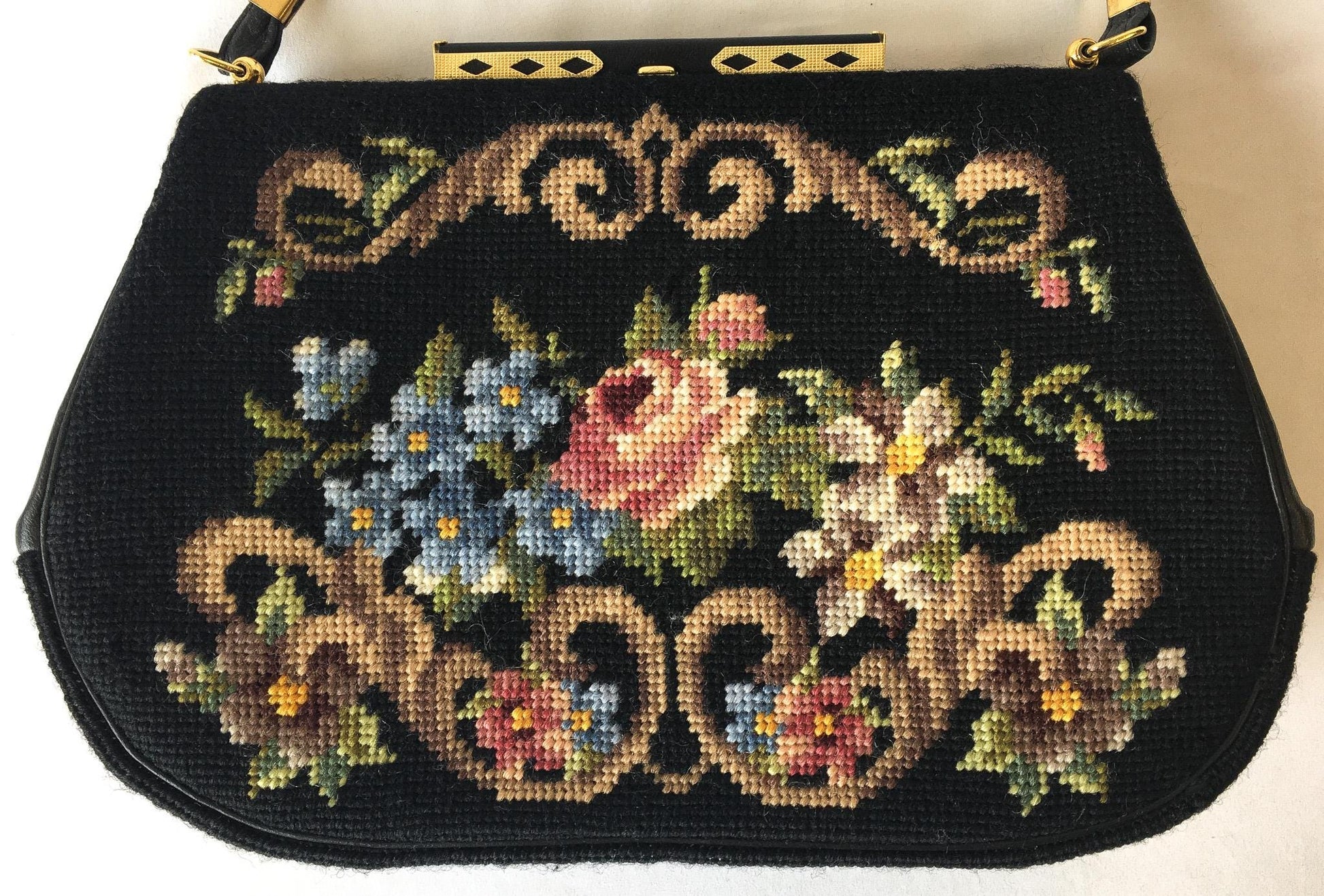 70s Black Floral Needlepoint Tapestry Crossbody Bag, Vintage Unique Boho Style Handbag