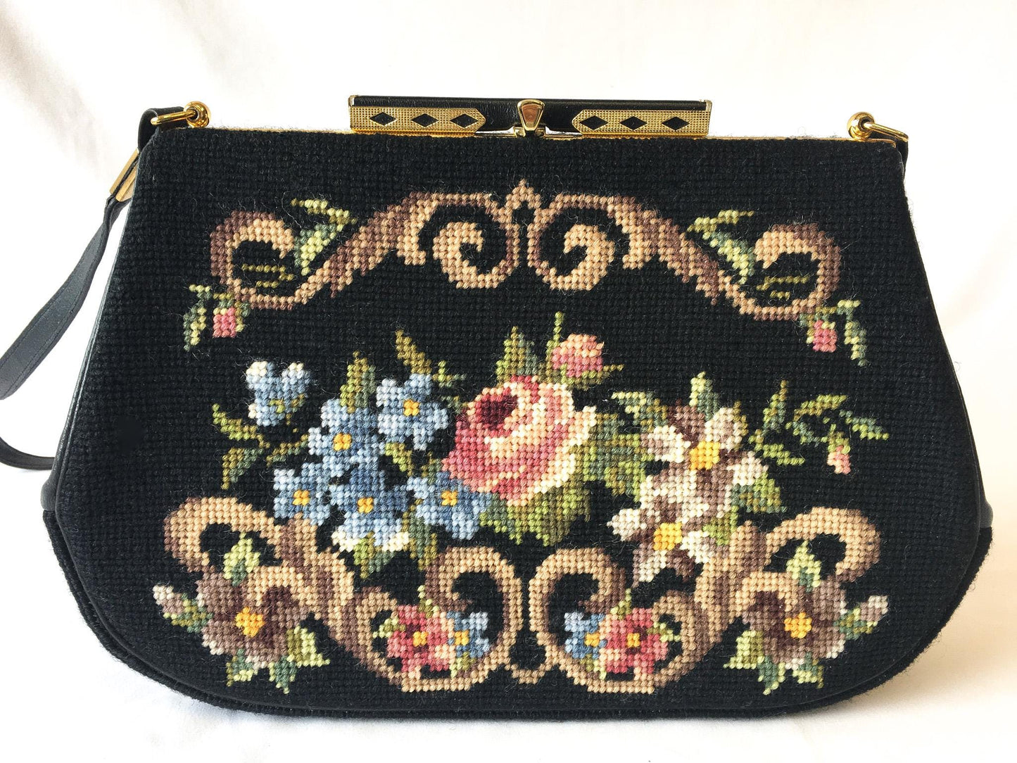 70s Black Floral Needlepoint Tapestry Crossbody Bag, Vintage Unique Boho Style Handbag