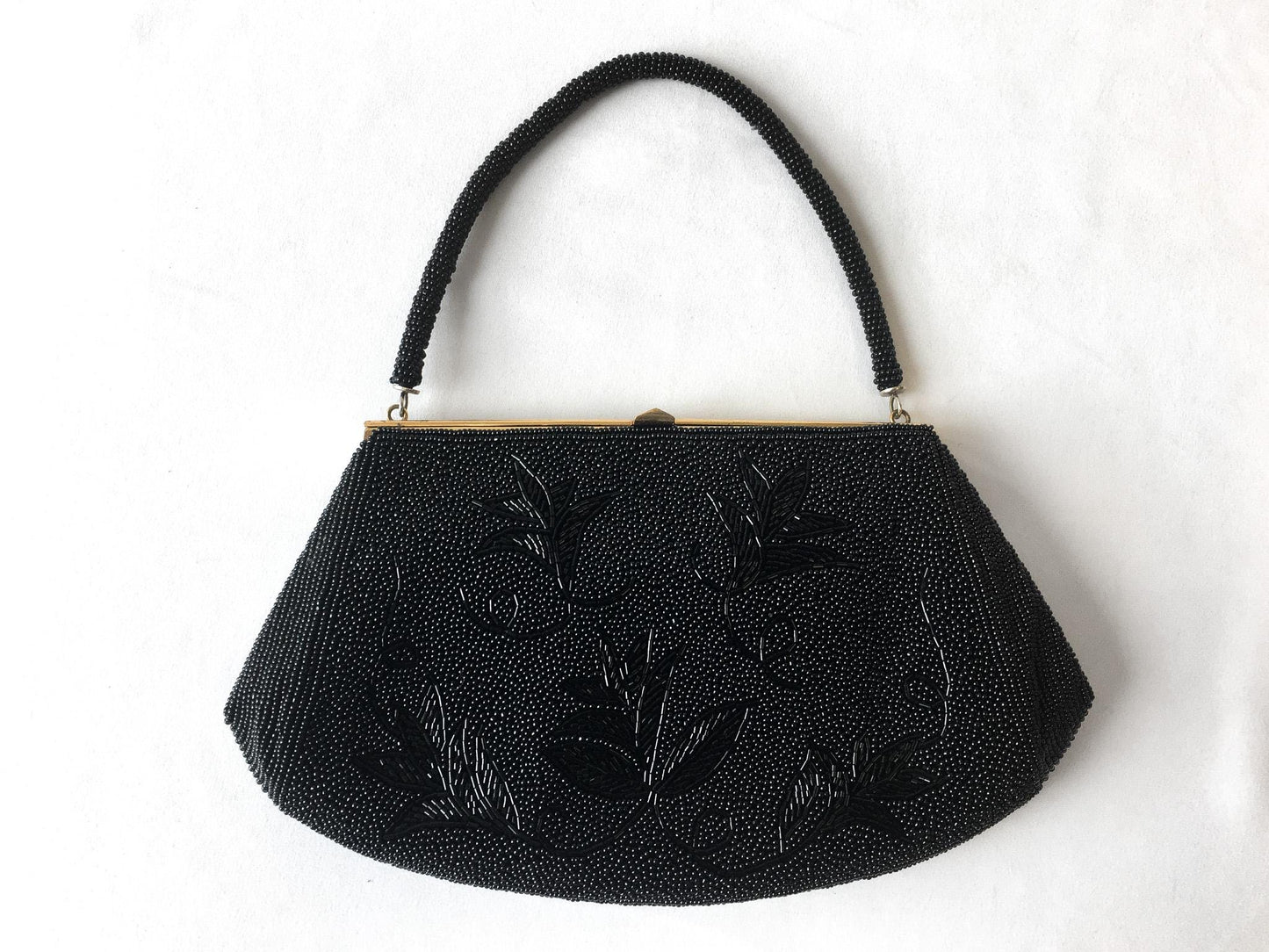 70s Black Floral Beaded Evening Bag Clutch, Vintage Cocktail Formal Handbag