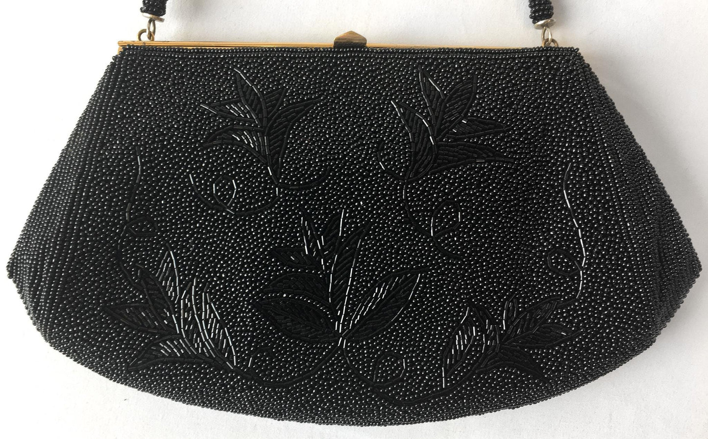 70s Black Floral Beaded Evening Bag Clutch, Vintage Cocktail Formal Handbag
