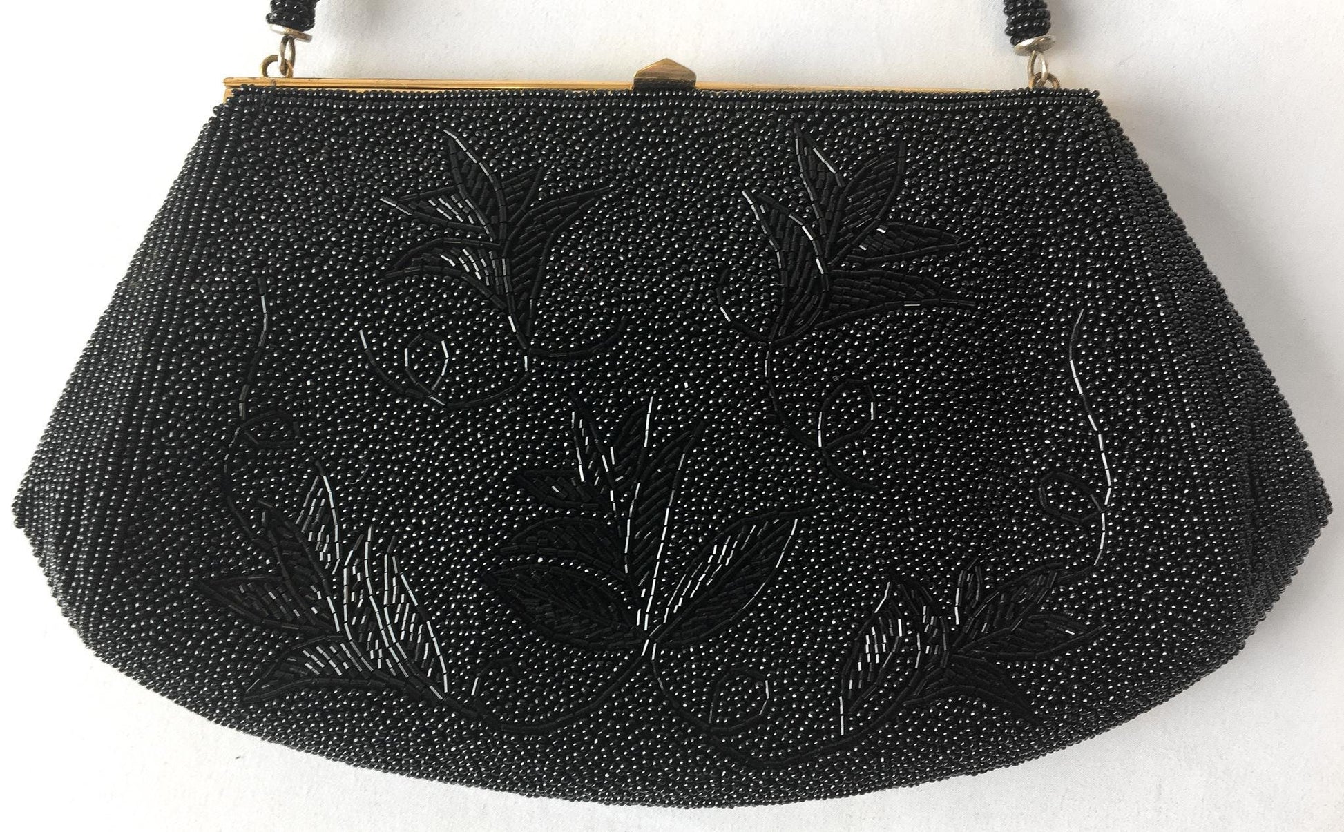 70s Black Floral Beaded Evening Bag Clutch, Vintage Cocktail Formal Handbag