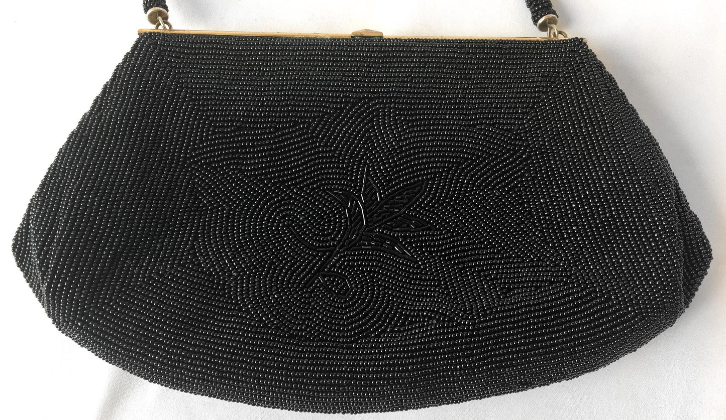 70s Black Floral Beaded Evening Bag Clutch, Vintage Cocktail Formal Handbag
