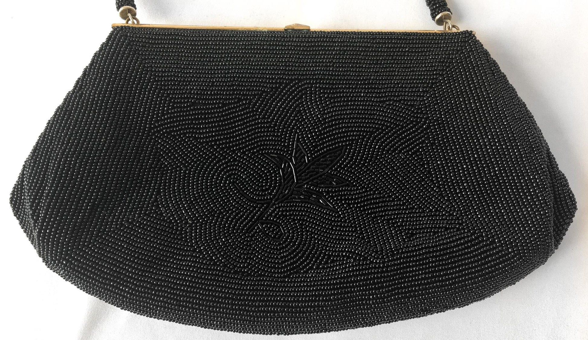 70s Black Floral Beaded Evening Bag Clutch, Vintage Cocktail Formal Handbag