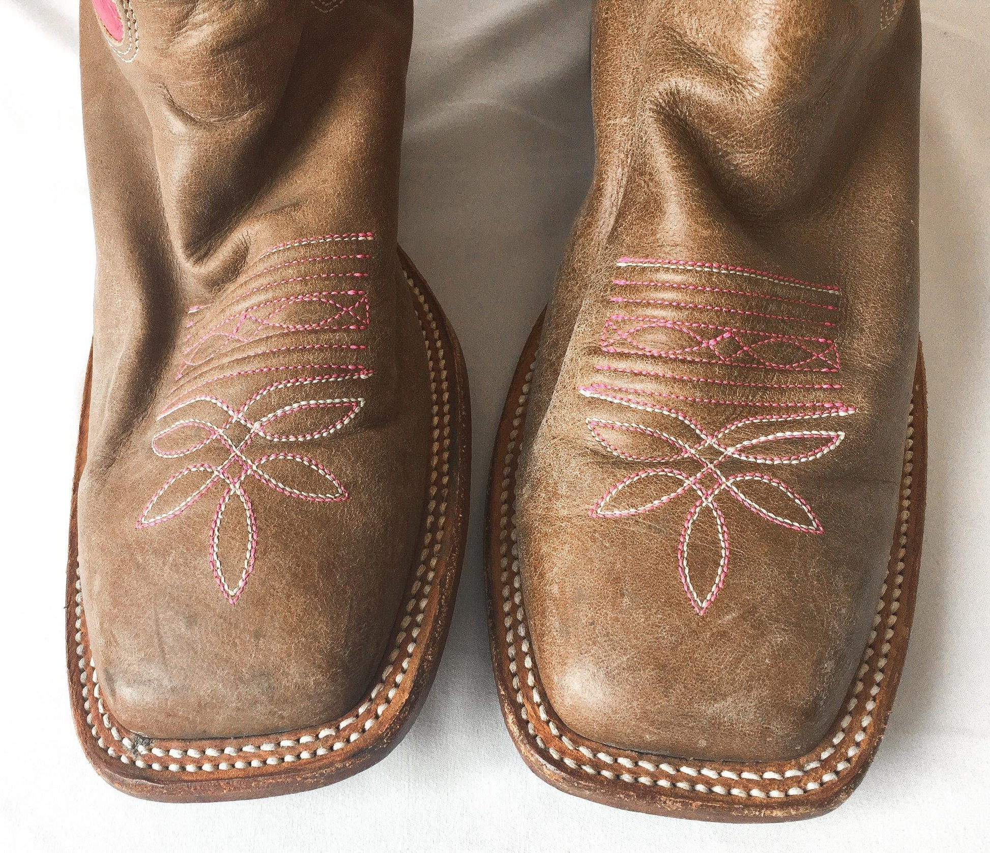 Justin Bent Rail Pink Brown Leather Square Toe Cowboy Boots, Style #BRL311, Women's Sz 9B, Vintage Unique Western Cowgirl Festival Boots