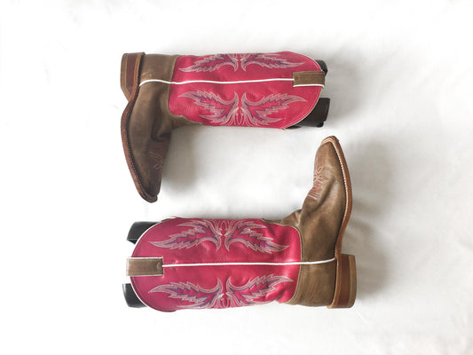 Justin Bent Rail Pink Brown Leather Square Toe Cowboy Boots, Style #BRL311, Women's Sz 9B, Vintage Unique Western Cowgirl Festival Boots