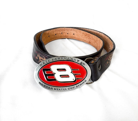 Vintage Nascar Dale Earnhardt Jr. Logo Leather Pewter Enamel Belt, Sz. 32"-36" Waist, Vintage Nascar F1 Apparel