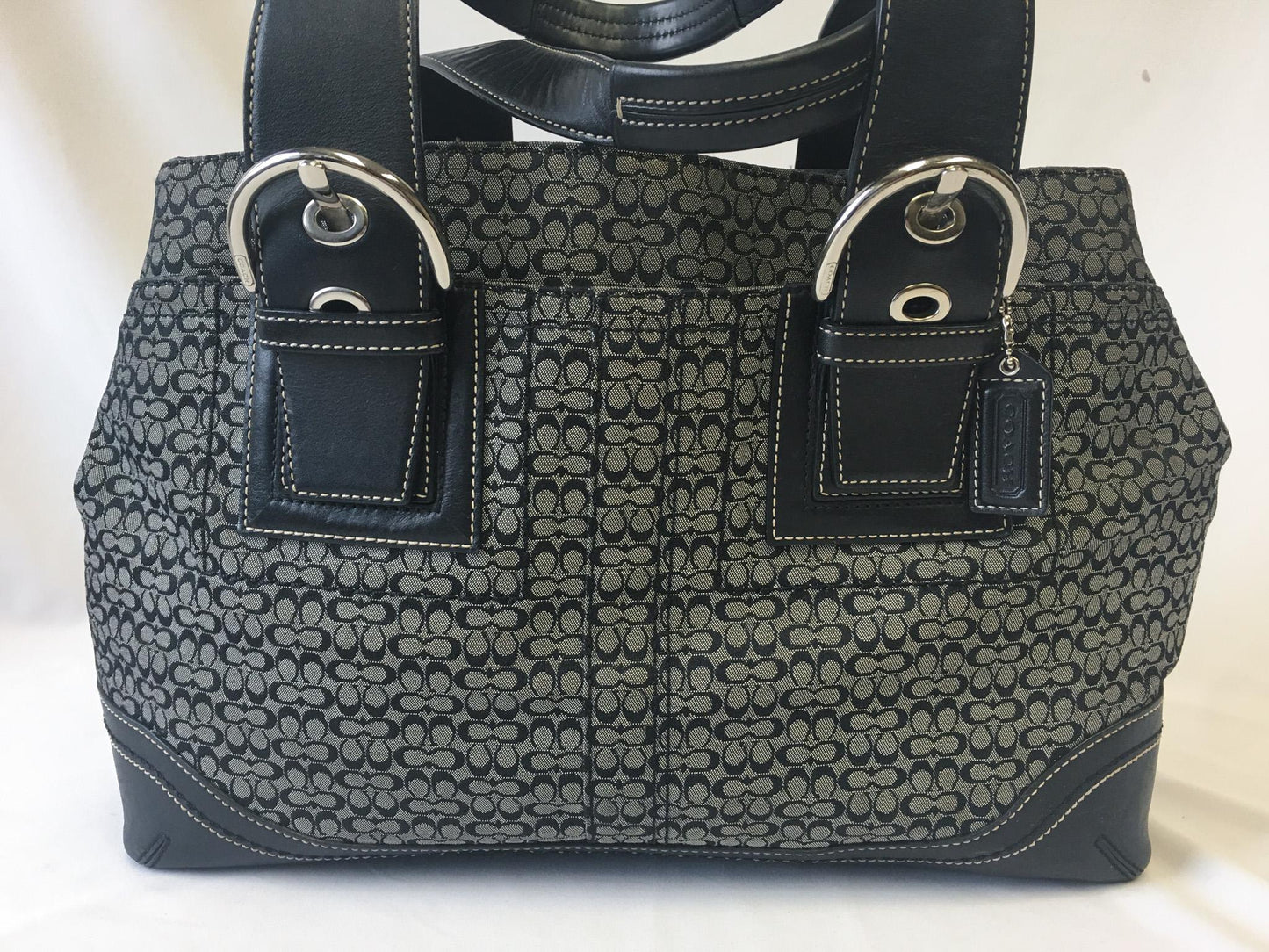Y2K Coach Black/Gray Signature C Monogram Canvas Leather Shoulder Tote Bag, Style #F10928, 00s Vintage Coach Tote