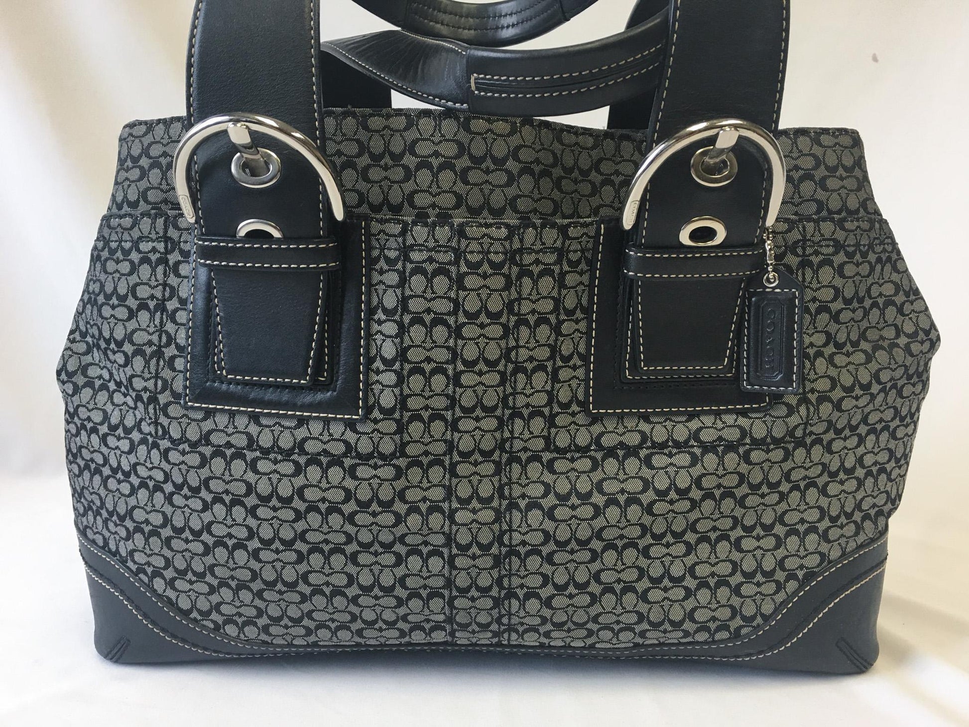 Y2K Coach Black/Gray Signature C Monogram Canvas Leather Shoulder Tote Bag, Style #F10928, 00s Vintage Coach Tote