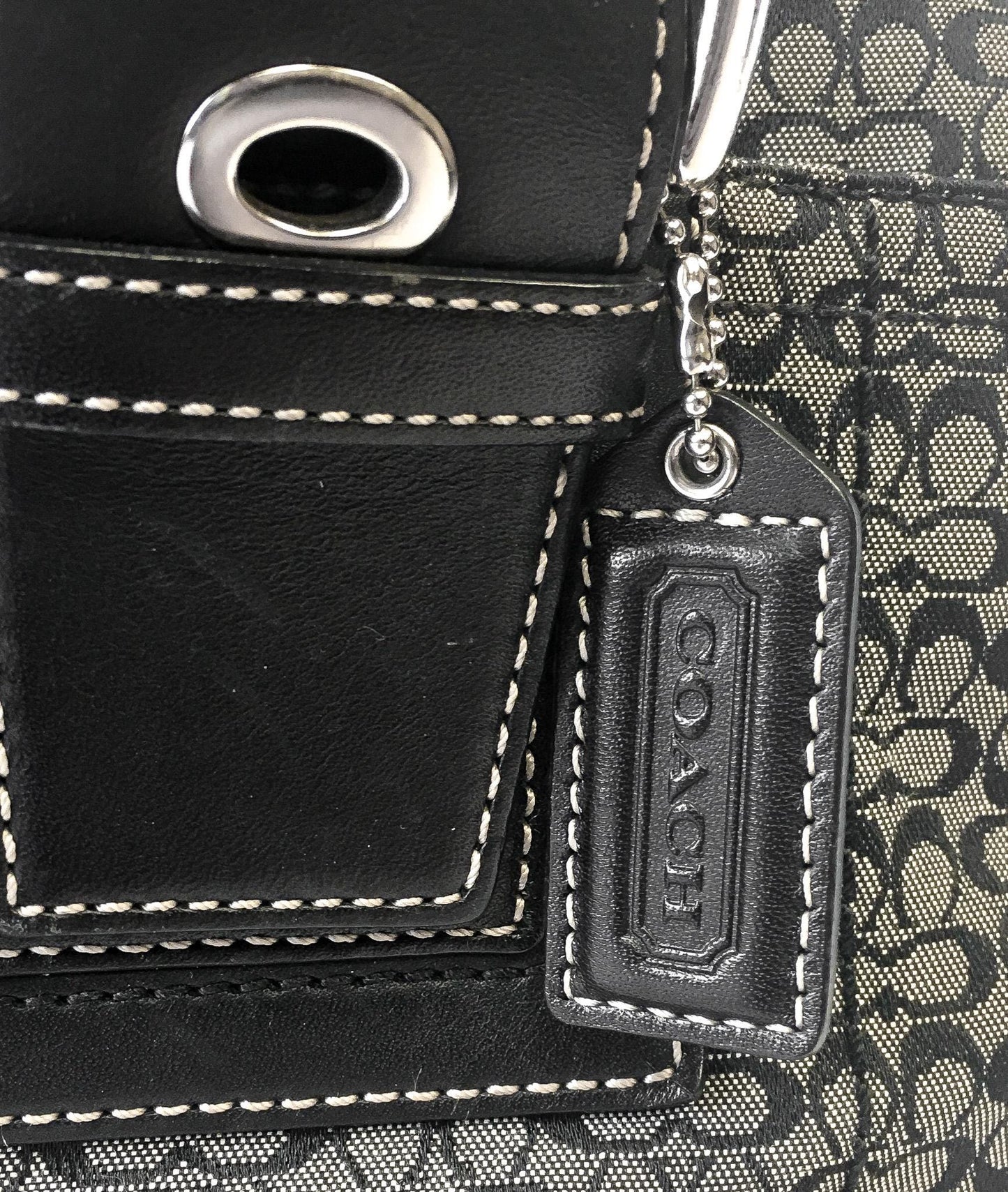 Y2K Coach Black/Gray Signature C Monogram Canvas Leather Shoulder Tote Bag, Style #F10928, 00s Vintage Coach Tote
