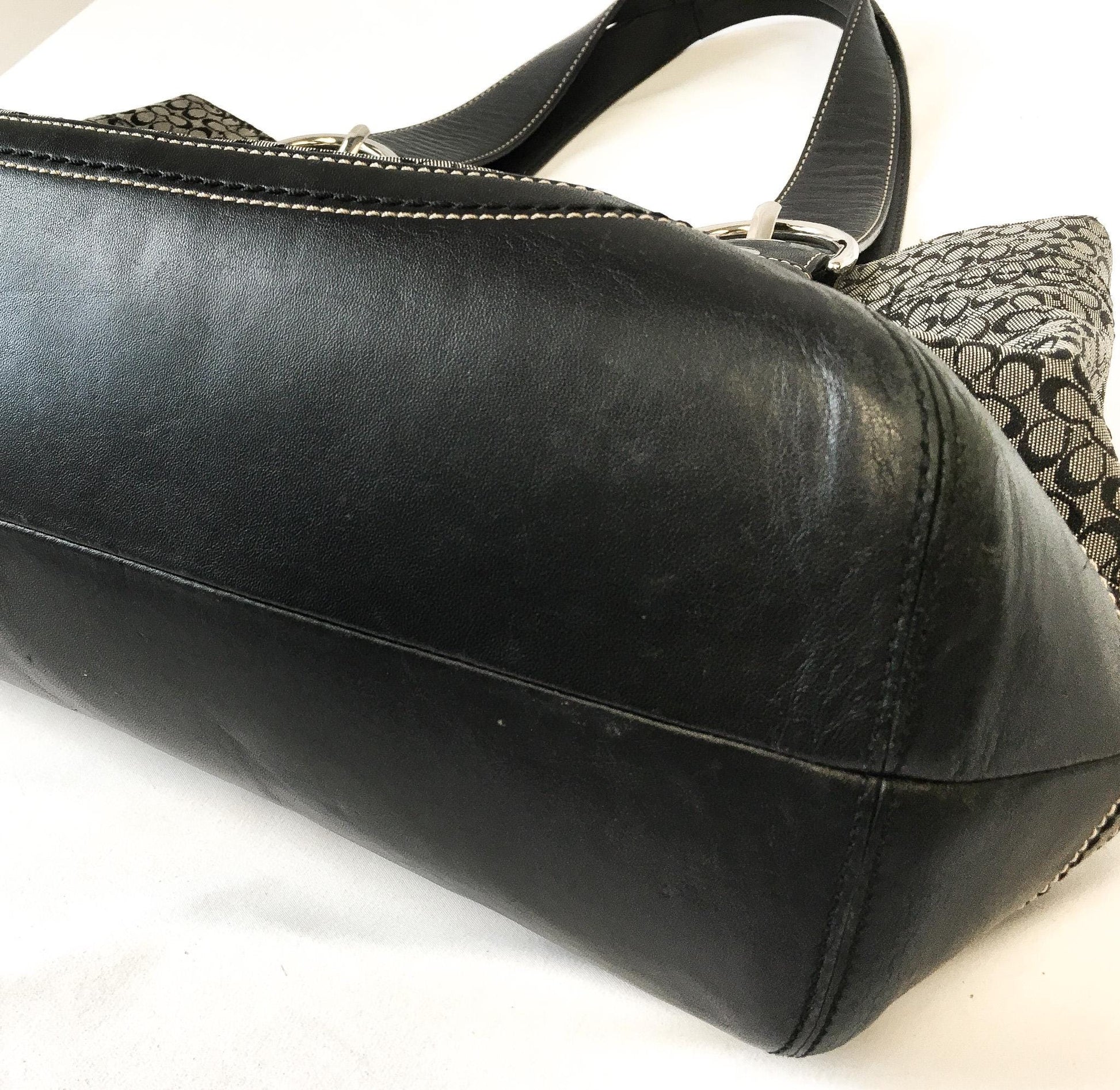 Y2K Coach Black/Gray Signature C Monogram Canvas Leather Shoulder Tote Bag, Style #F10928, 00s Vintage Coach Tote