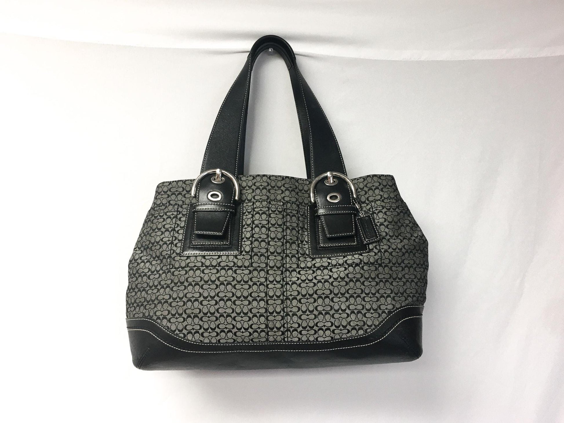 Y2K Coach Black/Gray Signature C Monogram Canvas Leather Shoulder Tote Bag, Style #F10928, 00s Vintage Coach Tote