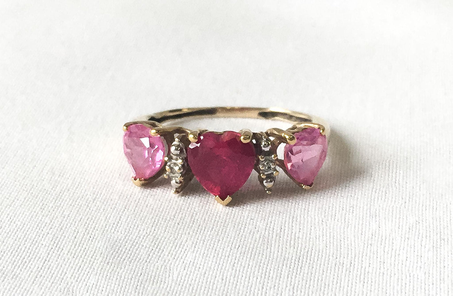 10K Ruby, Pink & White Topaz Three Heart Ring, Sz. 4.5, Regal Elegant Statement Princess Style Ring