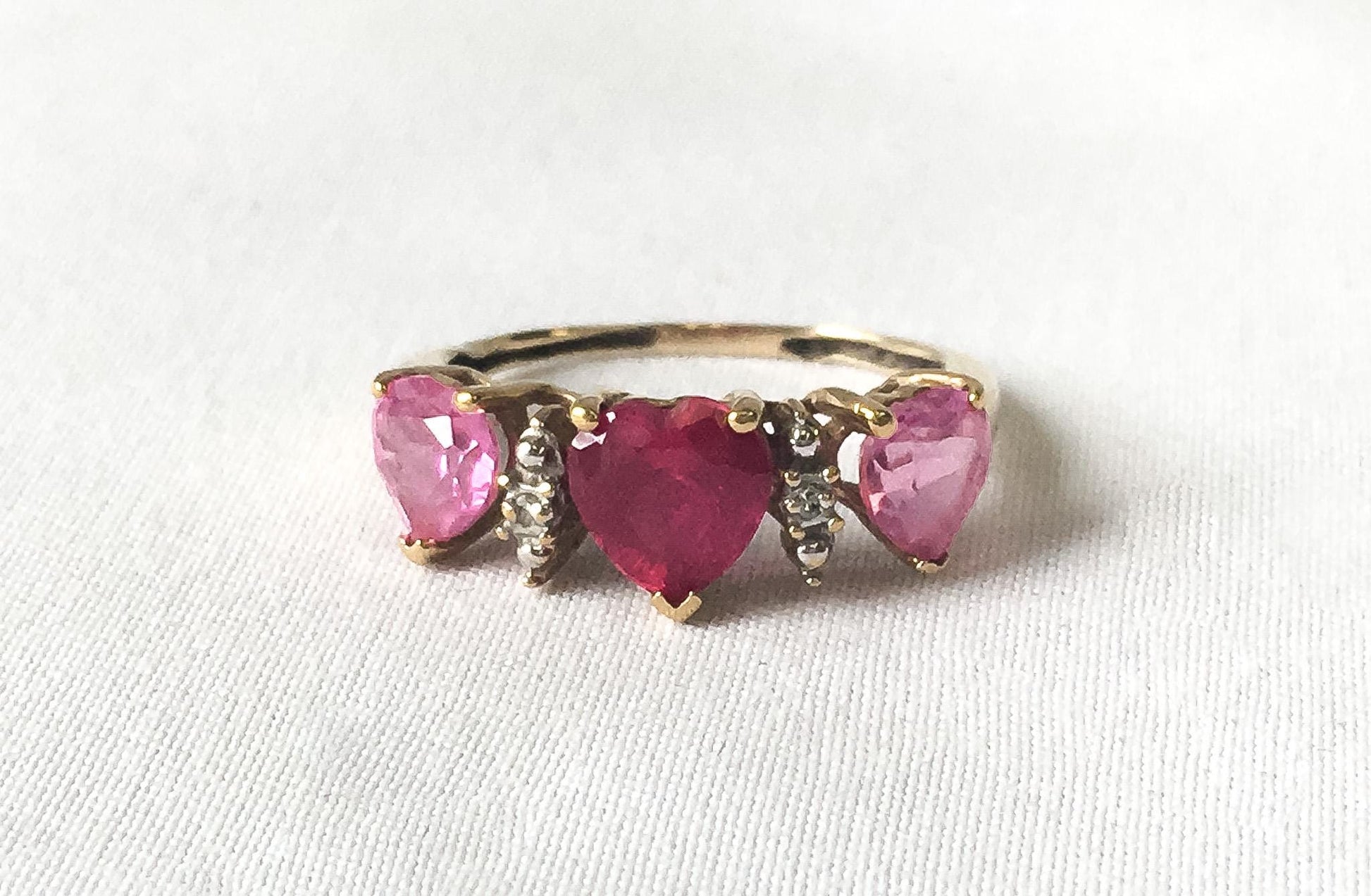 10K Ruby, Pink & White Topaz Three Heart Ring, Sz. 4.5, Regal Elegant Statement Princess Style Ring