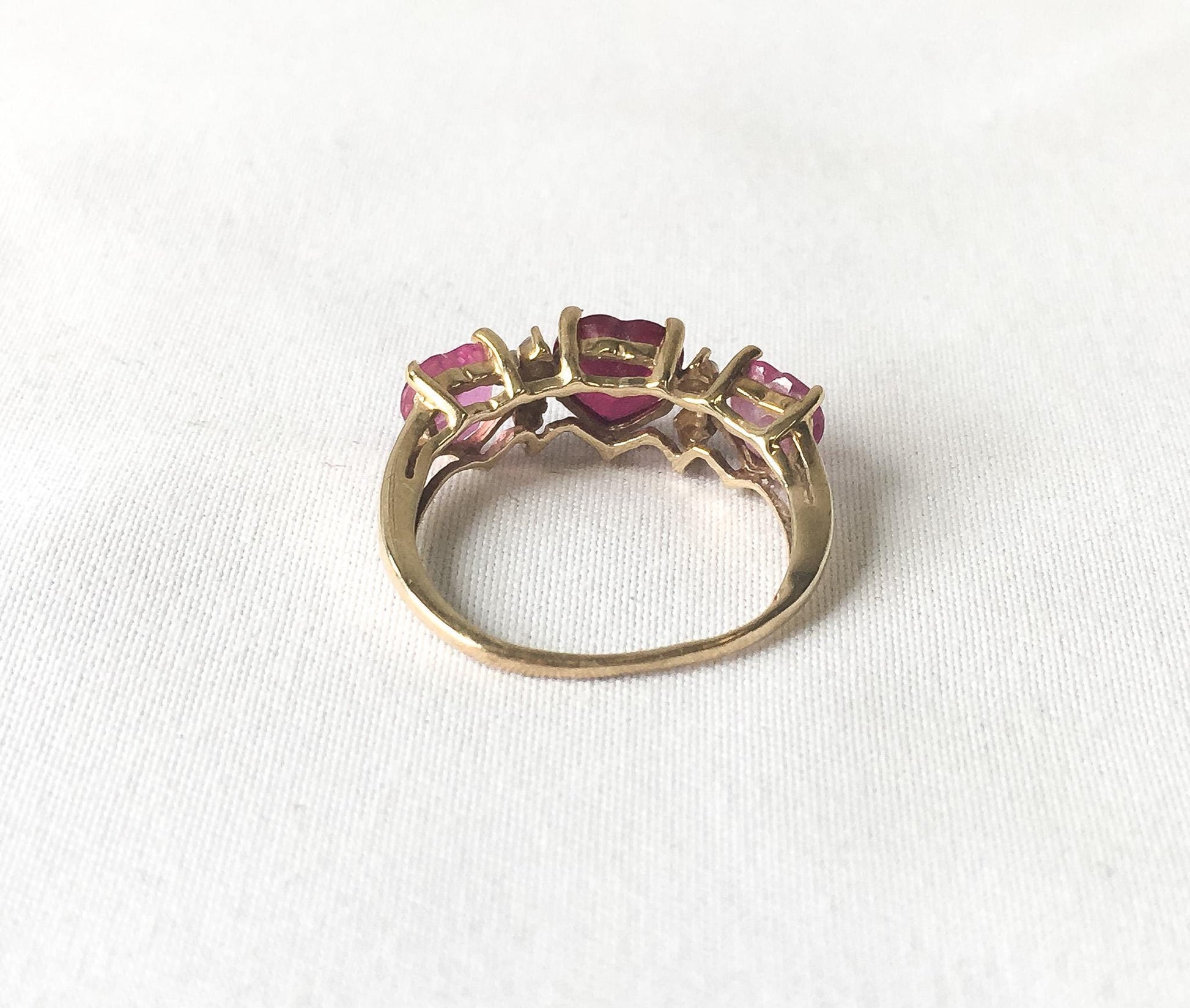 10K Ruby, Pink & White Topaz Three Heart Ring, Sz. 4.5, Regal Elegant Statement Princess Style Ring