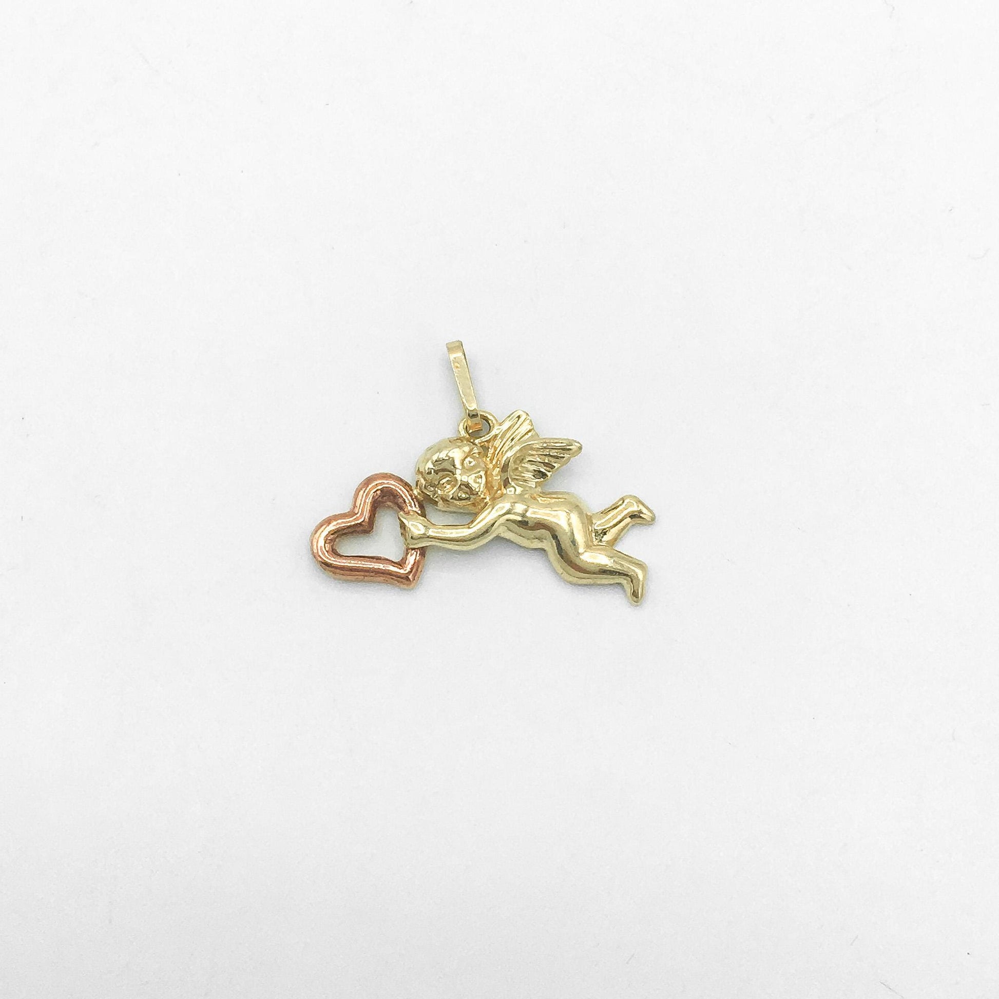 Vintage 10K Yellow and Rose Gold Cupid Cherub Heart Pendant, .75 Inches