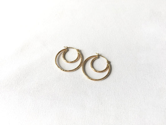 14K Yellow Gold Textured Double Hoop Earrings, Lightweight Dainty Simple Everyday Minimalist Style Hoops